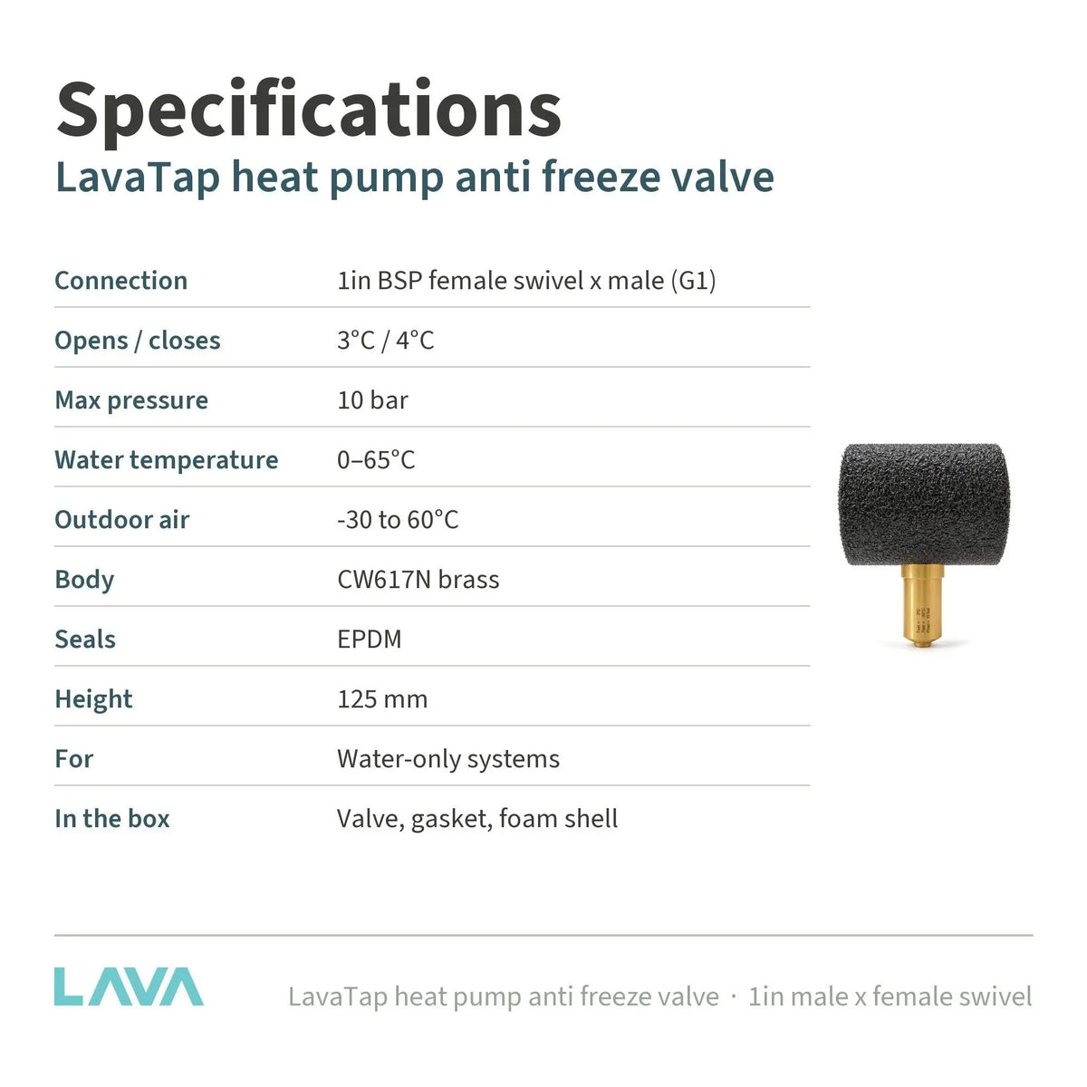 LavaTap 1in male x female swivel anti freeze valve – specifications