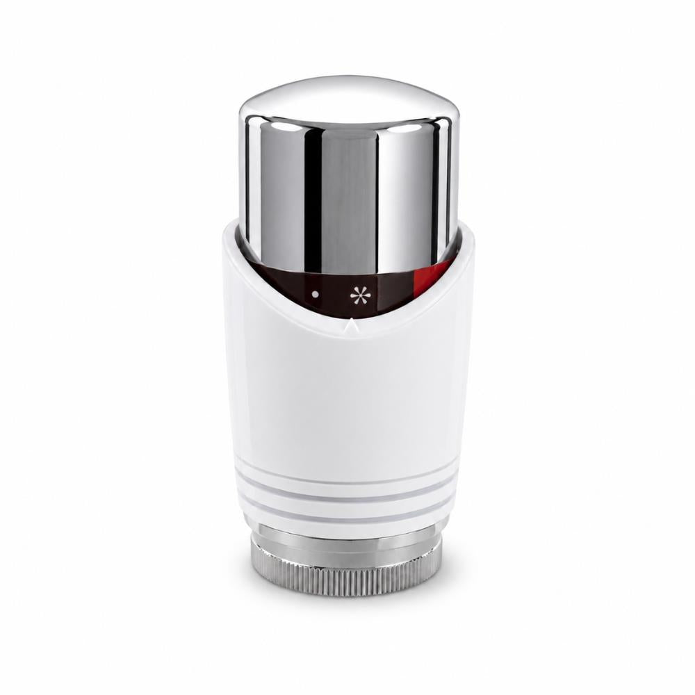 Designer white and chrome angled thermostatic radiator valve, 15mm with lockshield – detail