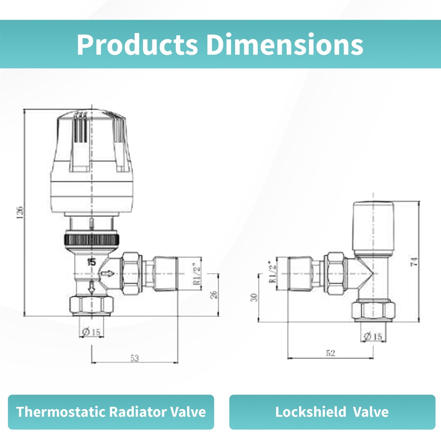 LavaTap Thermostatic Radiator Valve TRV with Lockshield 1/2 Inch x 15mm Angled White Radiator Thermostat Valve LavaTap - Technical View