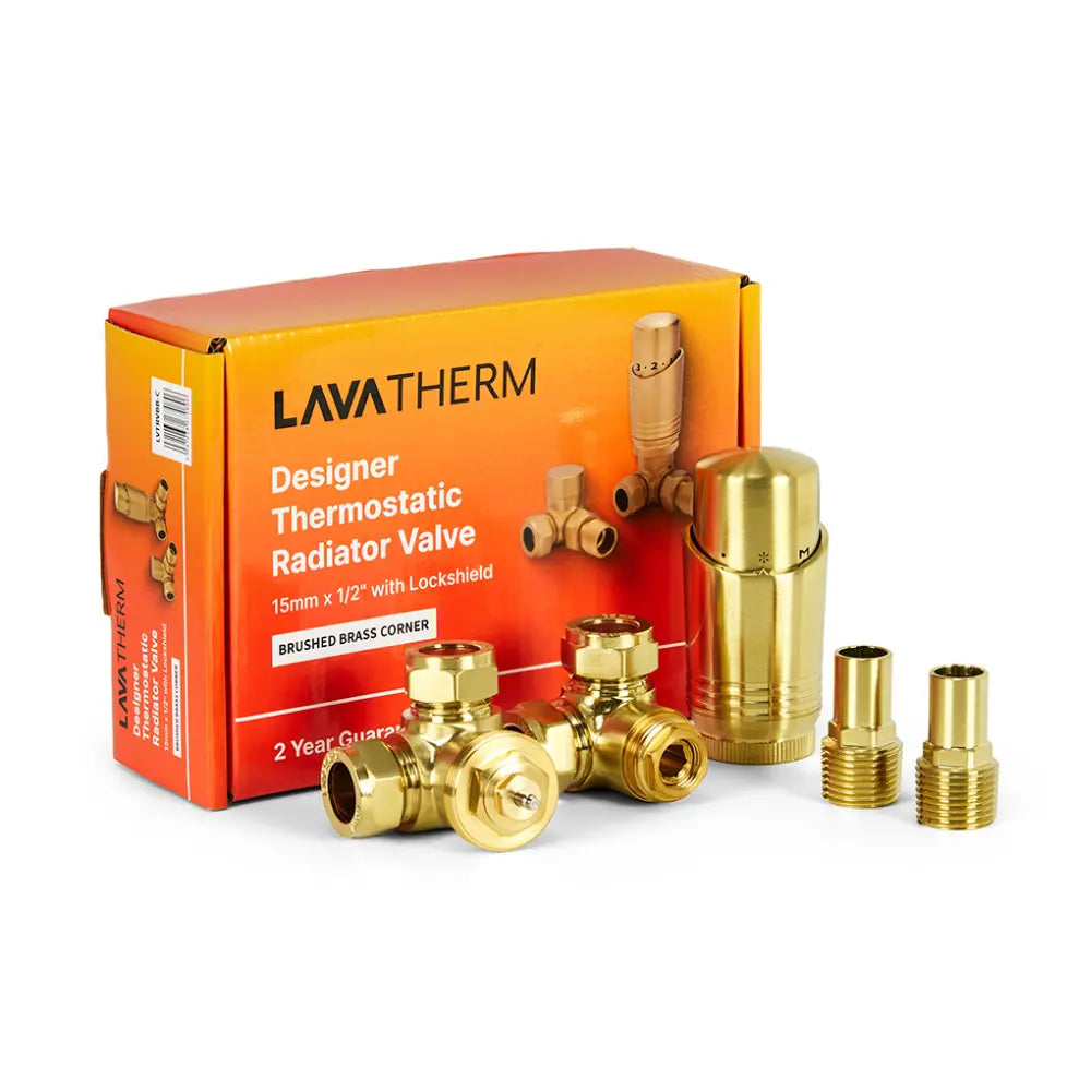 LavaTherm TRV Brushed Brass Thermostatic Radiator Valves - Corner