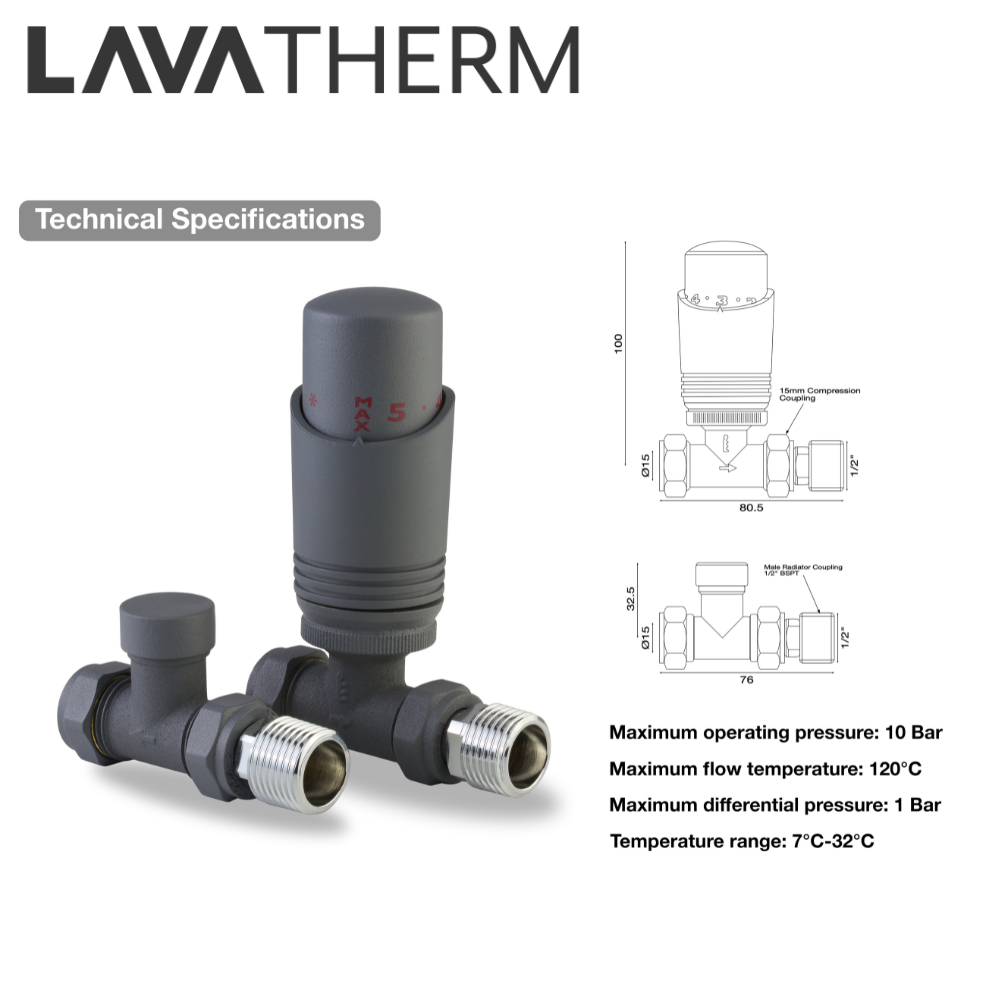 LavaTherm TRV Anthracite Thermostatic Radiator Valve - Straight LavaTherm - Side Profile