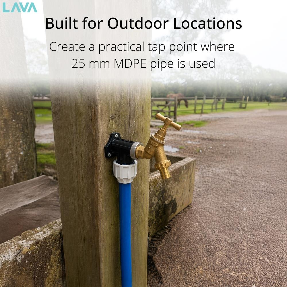 LavaTap 3/4 Inch Brass Garden Tap Kit with 25 mm MDPE Wall Plate Elbow and PTFE Tape LavaTap