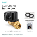 In the box: pump with union tails and nuts, 2 washers, instructions