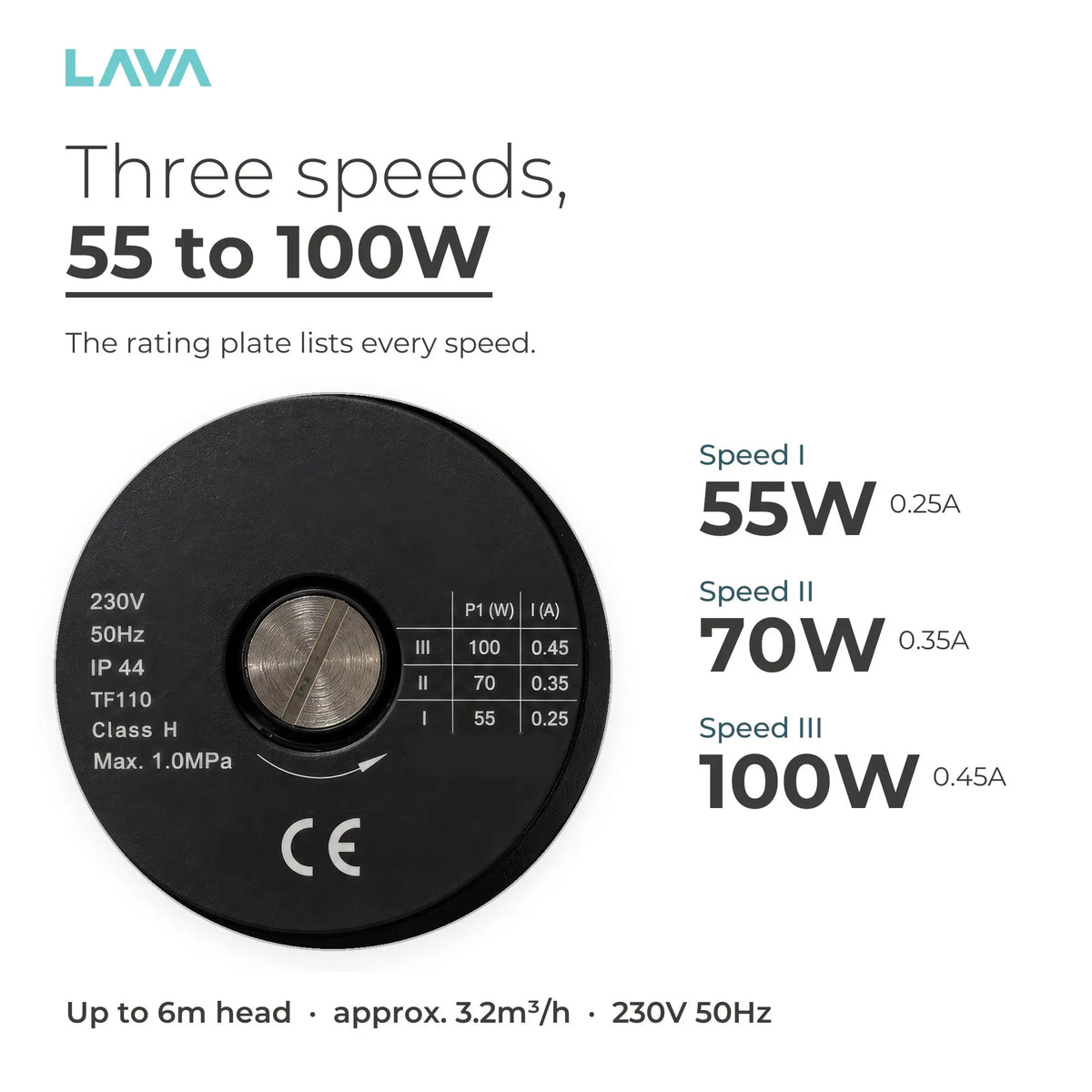 Three speeds 55, 70 and 100W rating plate