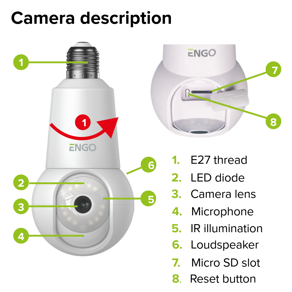 ENGO ECAM E27 WiFi Smart Light Bulb Security Camera 4MP ENGO Controls - Close Up Detail