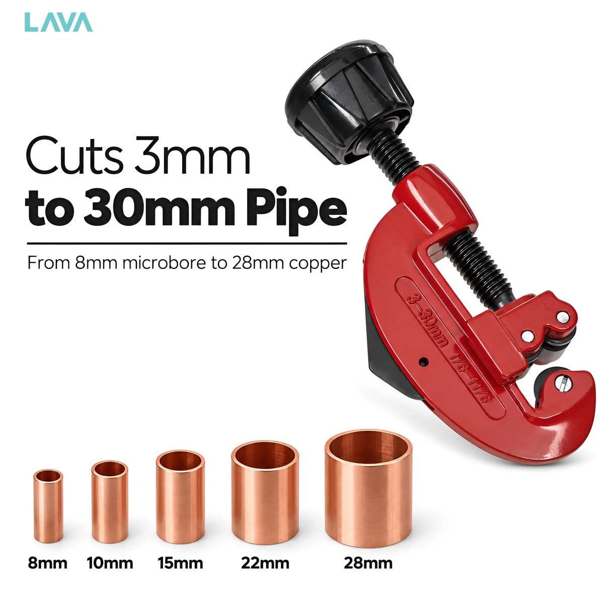 LavaTap pipe cutter 3-30mm – cuts 8mm to 28mm copper