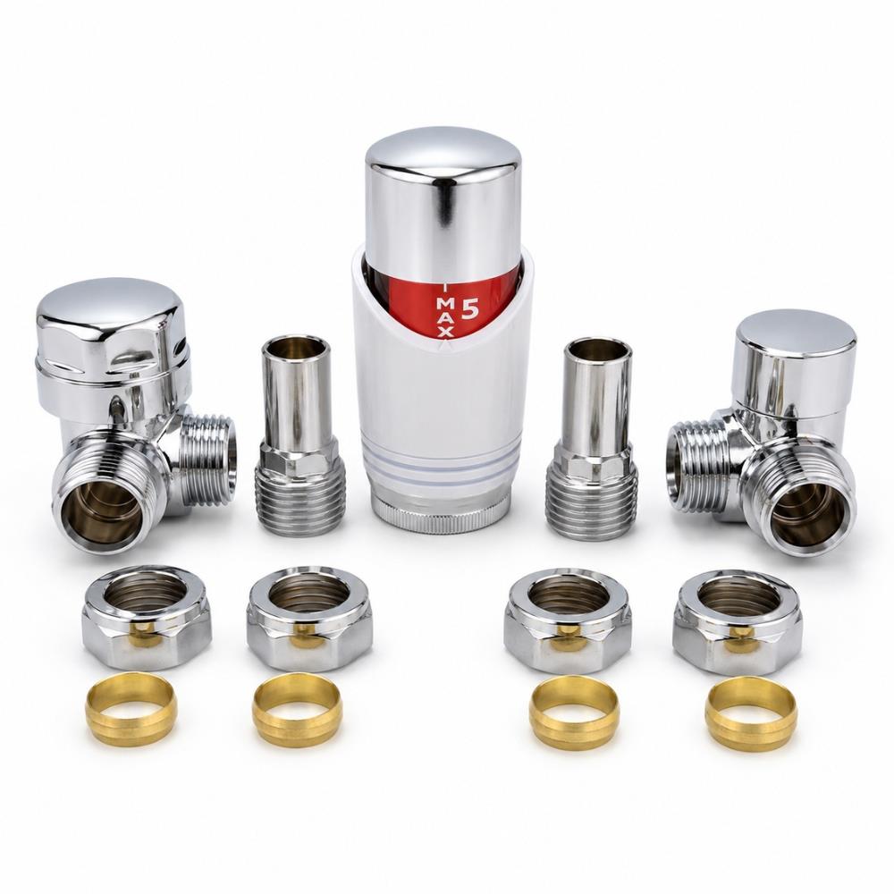 Designer white and chrome angled thermostatic radiator valve, 15mm with lockshield – view 5