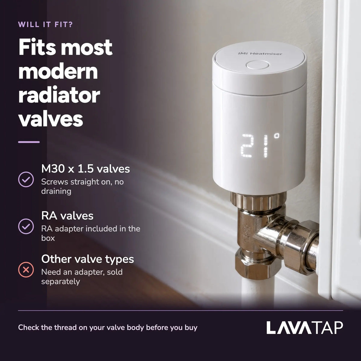 Heatmiser neoFlo – fits M30 x 1.5 radiator valves, RA adapter included