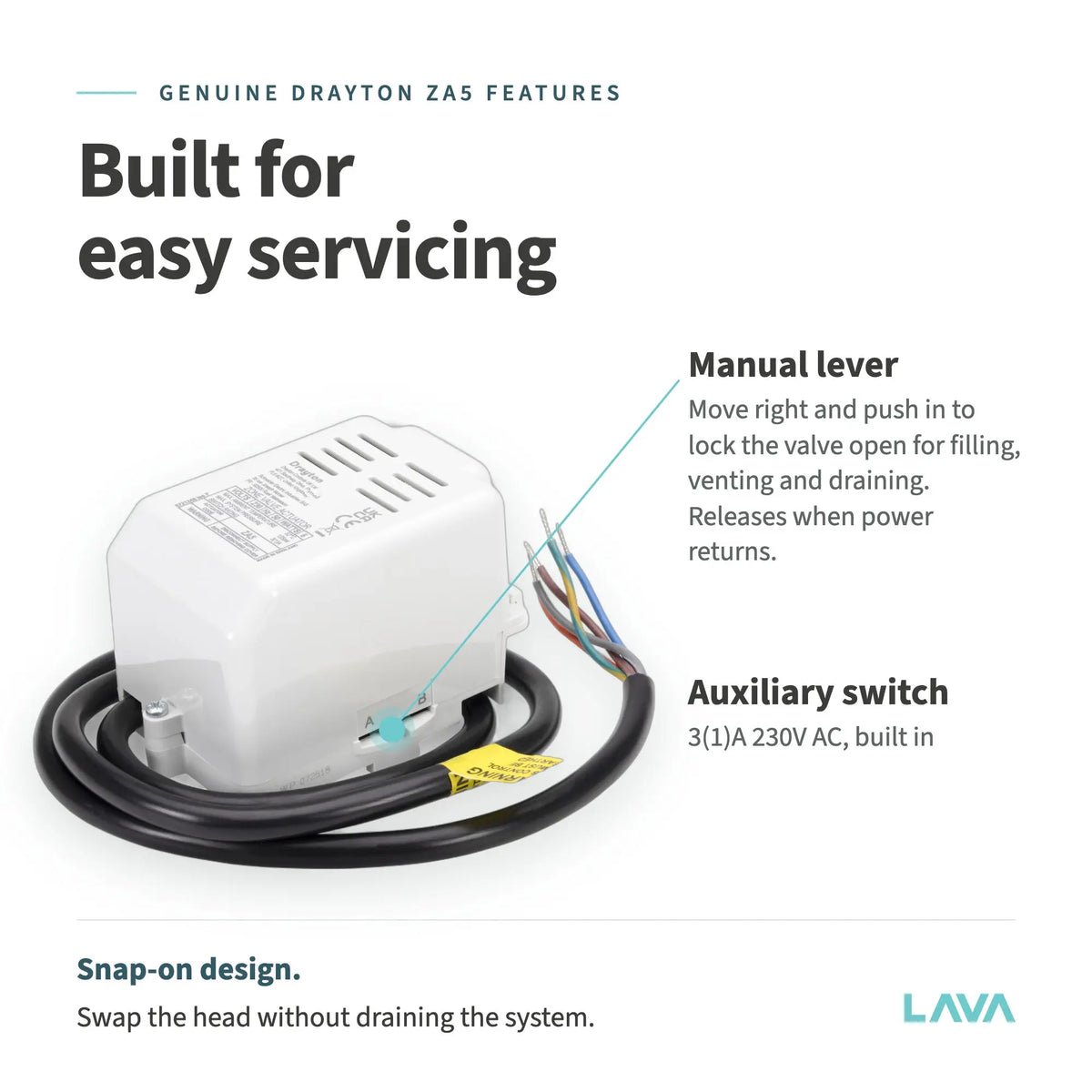 Drayton ZA5 actuator head – manual lever and auxiliary switch