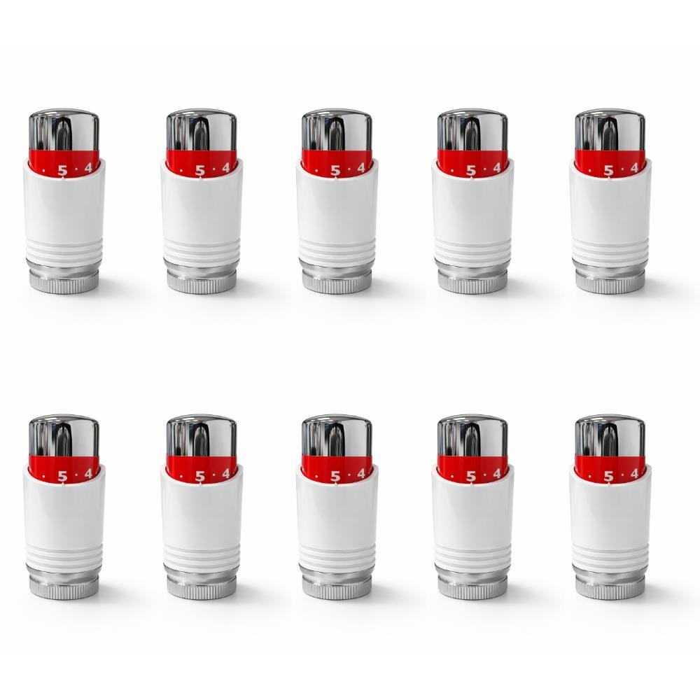 LavaTherm White & Chrome (Curved) Thermostatic Radiator Valve TRV Head M30 x 1.5 - 10 Pack LavaTherm