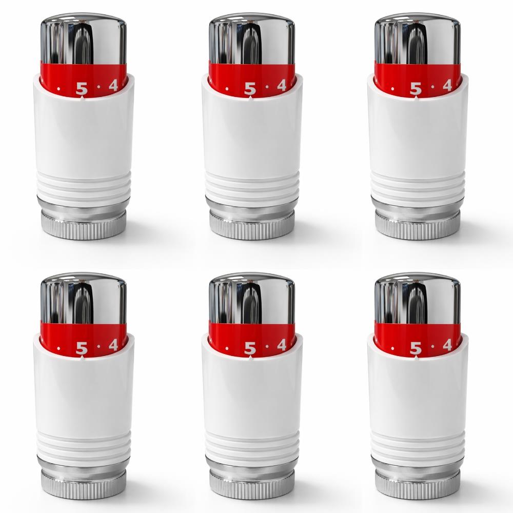 LavaTherm White & Chrome (Curved) Thermostatic Radiator Valve TRV Head M30 x 1.5 - 6 Pack LavaTherm