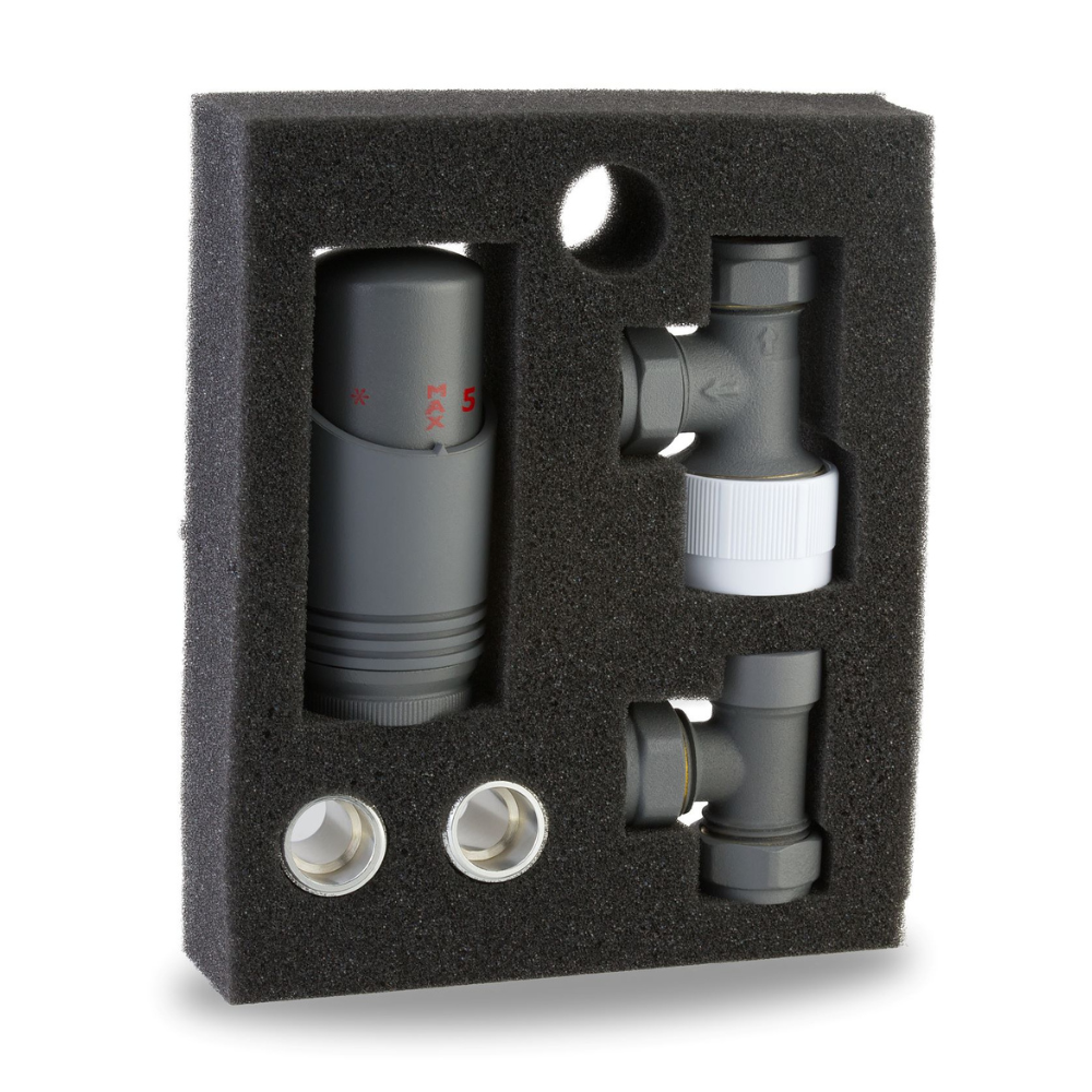 LavaTherm TRV Anthracite Thermostatic Radiator Valve - Angled LavaTherm - Installation View