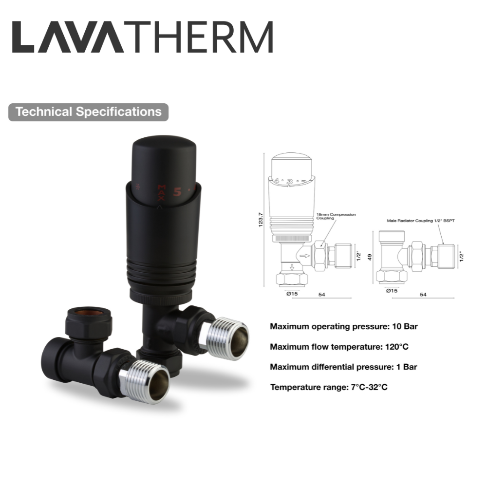 LavaTherm TRV Black Thermostatic Radiator Valve - Angled LavaTherm - Side Profile
