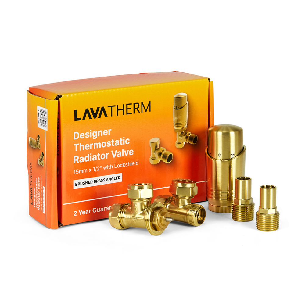 LavaTherm TRV Brushed Brass Thermostatic Radiator Valve - Angled LavaTherm - Installation View