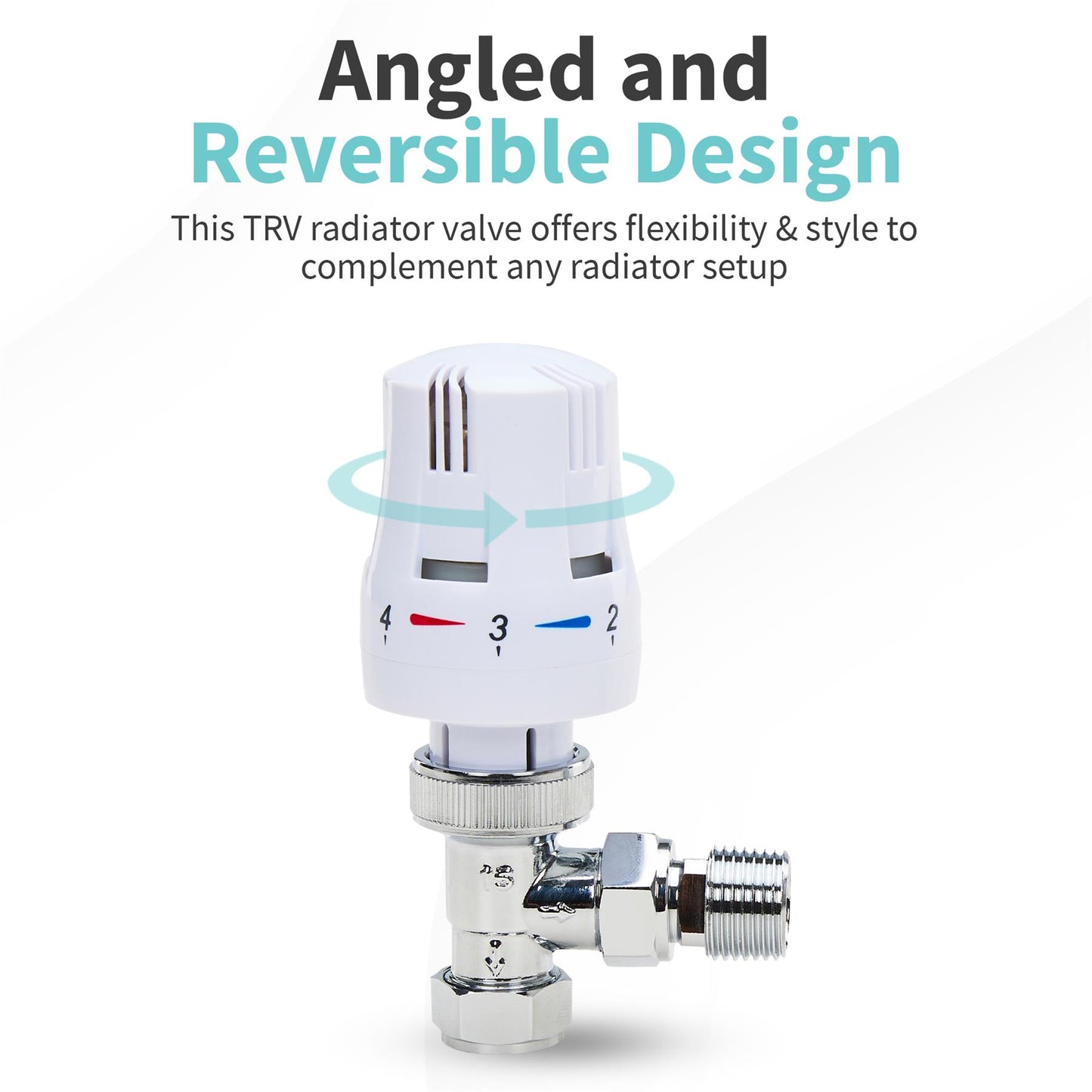LavaTap Thermostatic Radiator Valve TRV with Lockshield 1/2 Inch x 15mm Angled White Radiator Thermostat Valve LavaTap - Angle View