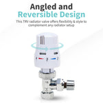 LavaTap Thermostatic Radiator Valve TRV with Lockshield 1/2 Inch x 15mm Angled White Radiator Thermostat Valve LavaTap - Angle View