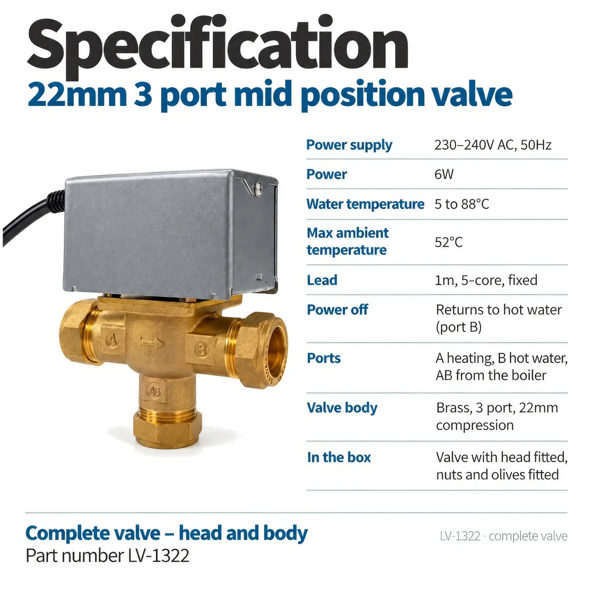 LavaTherm 3 Port Mid Position Motorised Valve 22mm Replaces Honeywell V4073A1039 LavaTherm