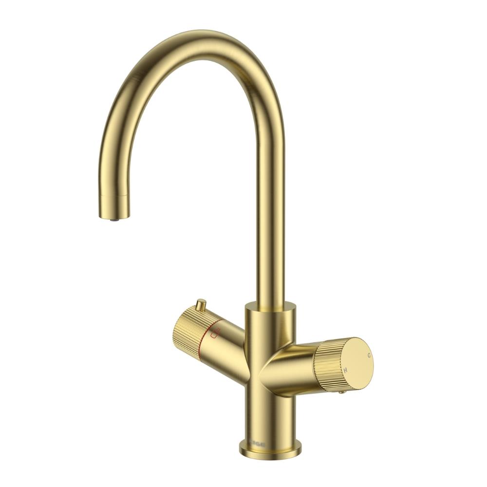 LavaTap brushed brass 3-in-1 swan neck boiling water tap, tap only – side view