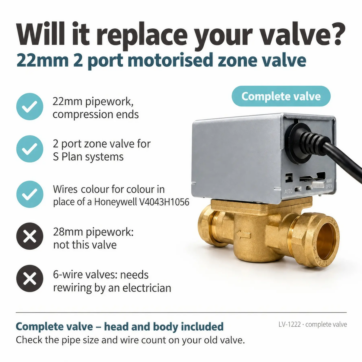 LavaTherm 2 Port Motorised Zone Valve 22mm Replaces Honeywell V4043H1056 LavaTherm