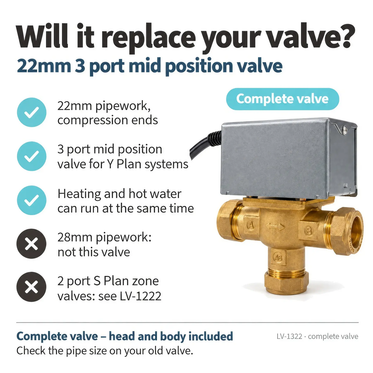LavaTherm 3 Port Mid Position Motorised Valve 22mm Replaces Honeywell V4073A1039 LavaTherm