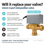 LavaTherm 3 Port Mid Position Motorised Valve 22mm Replaces Honeywell V4073A1039 LavaTherm