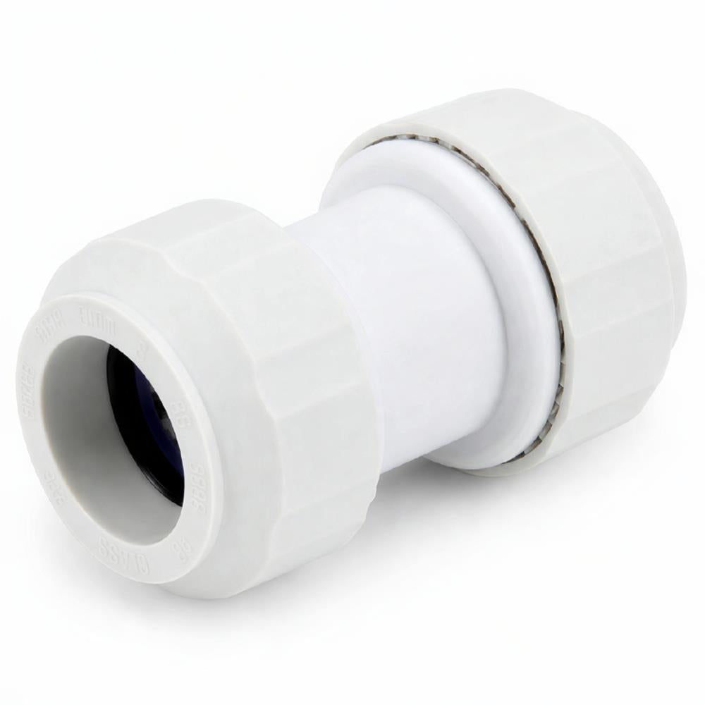 LavaPlumb 15mm push fit straight coupler, white, 10 pack – side view