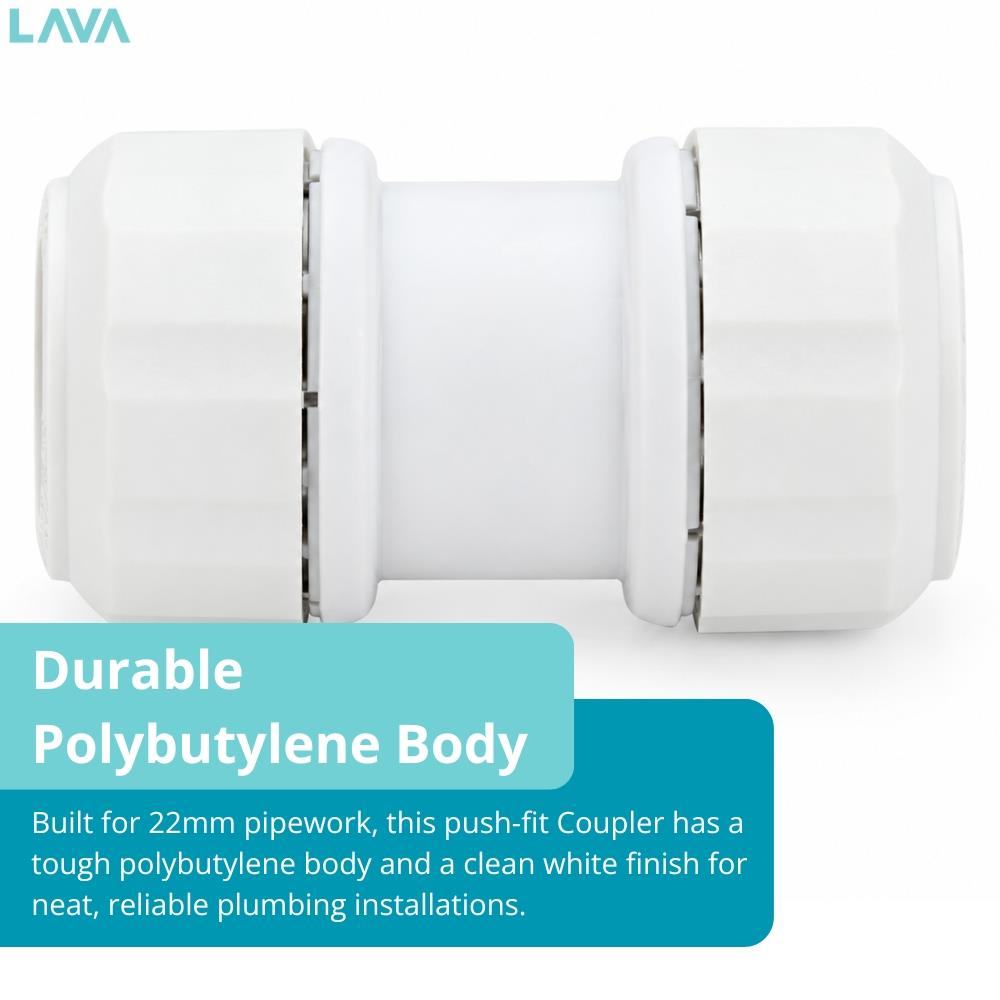 LavaPlumb 22mm push fit straight coupler, white, 5 pack – detail