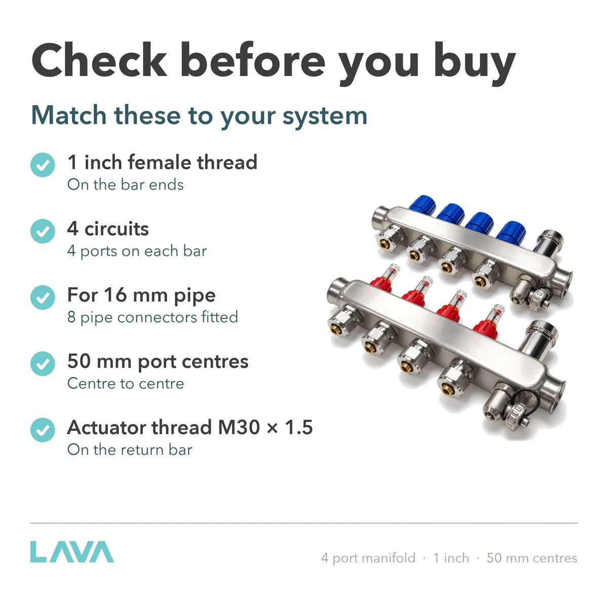 LavaTherm 4 Port Stainless Underfloor Heating Manifold 16mm LavaTherm