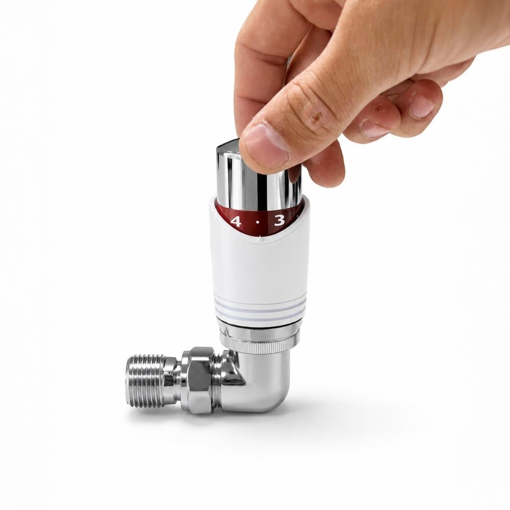 Designer white and chrome angled thermostatic radiator valve, 15mm with lockshield – side view