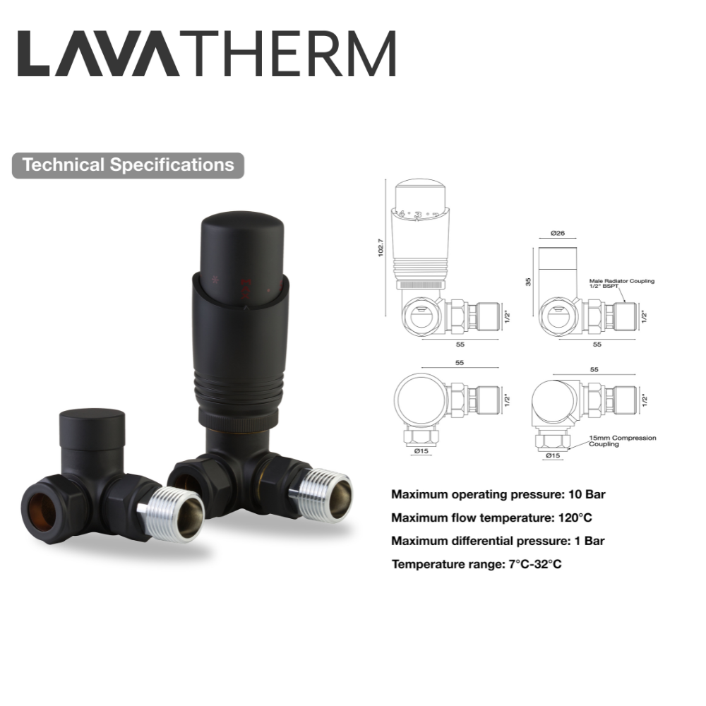 LavaTherm TRV Black Thermostatic Radiator Valve - Corner LavaTherm - Side Profile