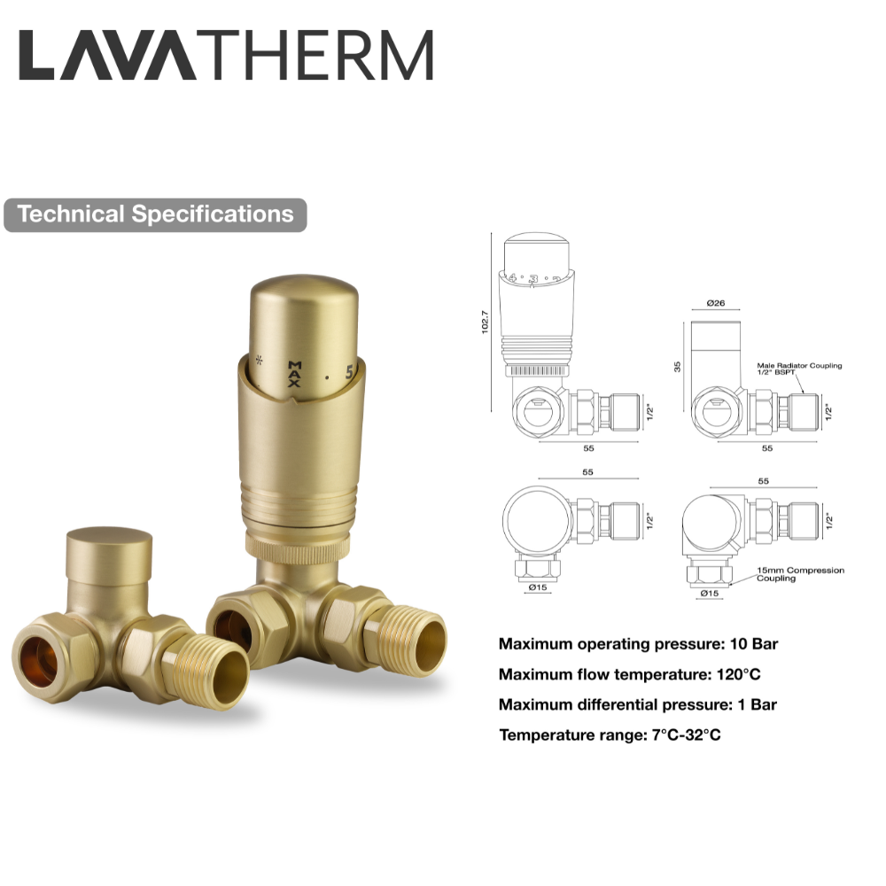 LavaTherm TRV Brushed Brass Thermostatic Radiator Valves - Corner LavaTherm - Close Up Detail