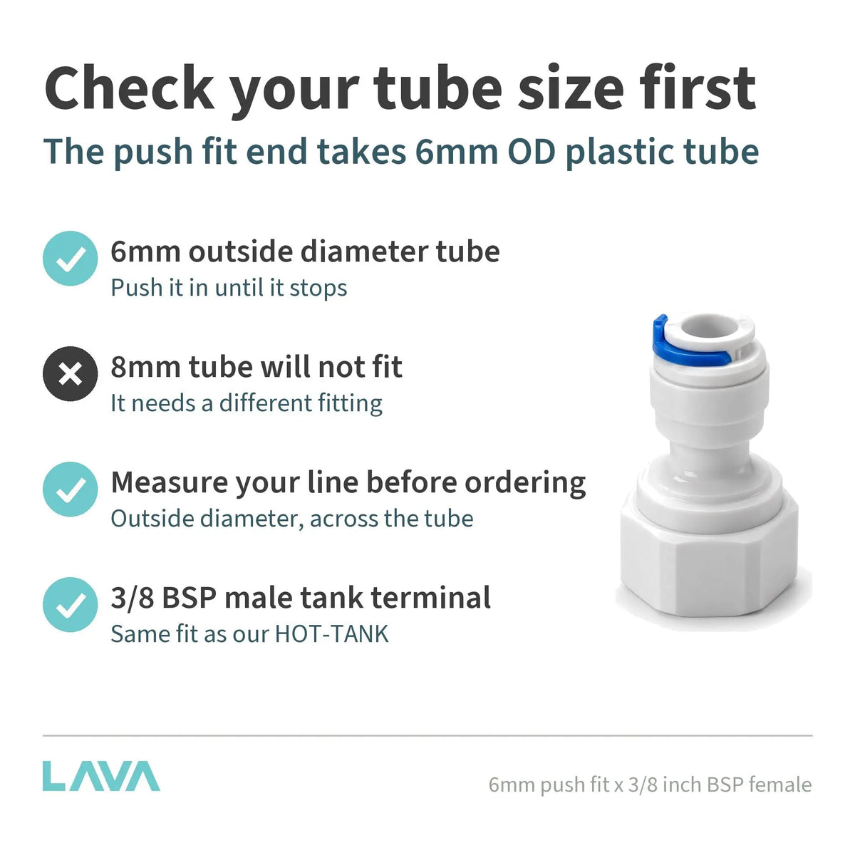 6mm Push Fit x 3/8 BSP Female Boiling Water Tank Adaptor LavaTap