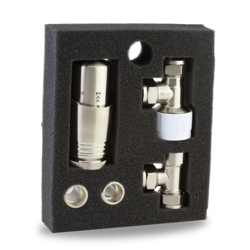 LavaTherm TRV Brushed Nickel Thermostatic Radiator Valve - Angled LavaTherm - Close Up Detail
