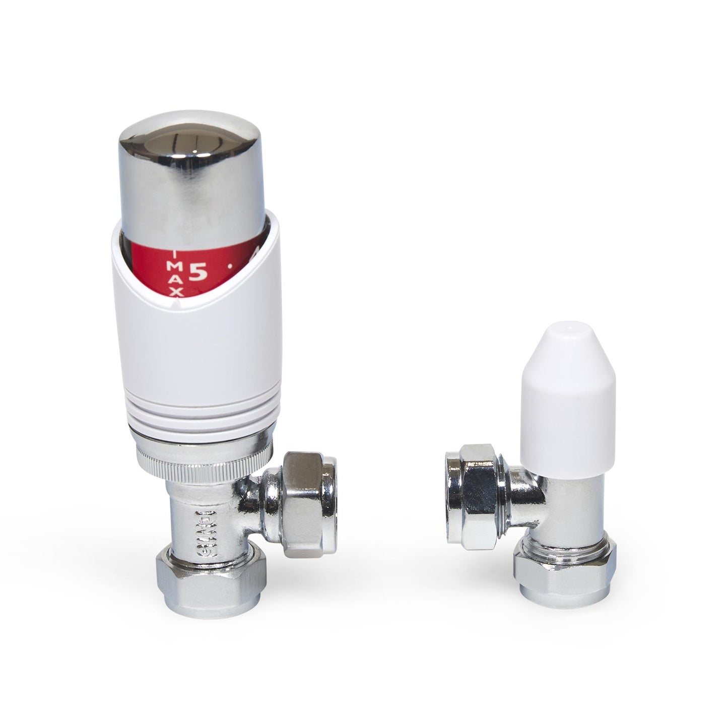 Designer White & Chrome Angled Thermostatic Radiator Valve TRV 15mm with Lockshield ESi - Installation View