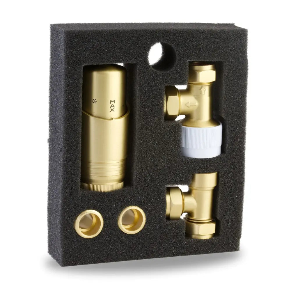 LavaTherm TRV Brushed Brass Thermostatic Radiator Valve - Angled