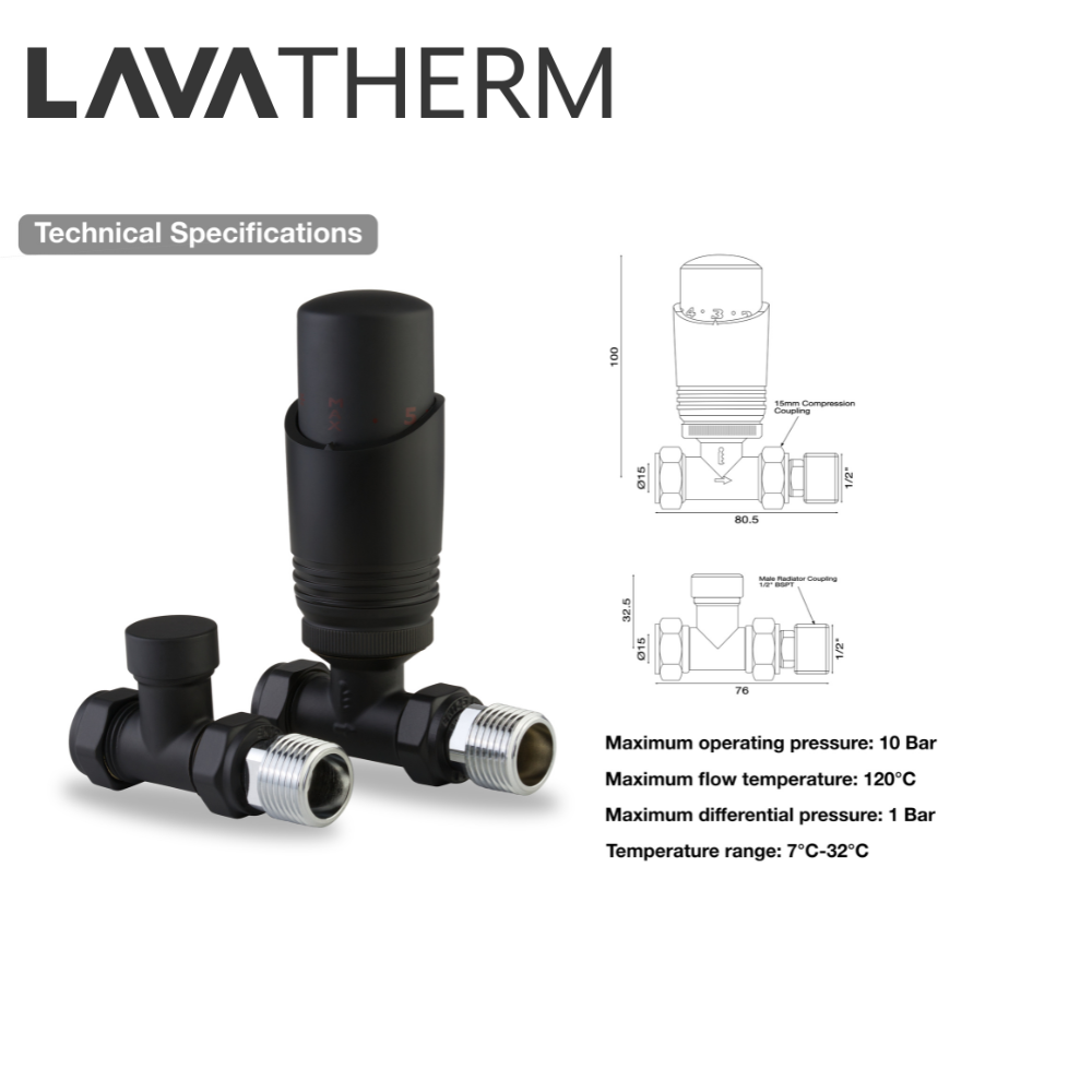 LavaTherm TRV Black Thermostatic Radiator Valve - Straight LavaTherm - Side Profile