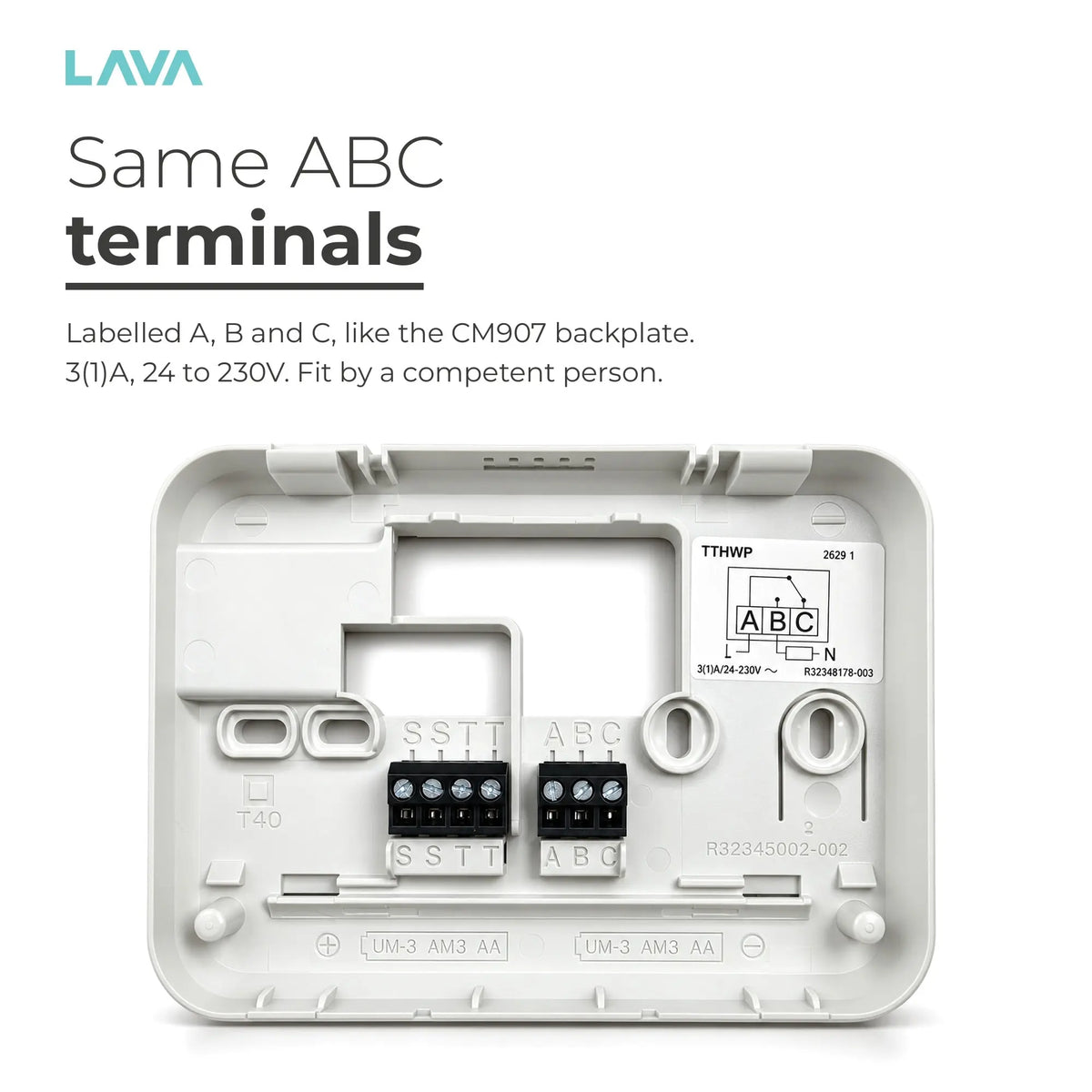 Same A, B and C terminals as the Honeywell CM907 backplate