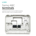 Same A, B and C terminals as the Honeywell CM907 backplate