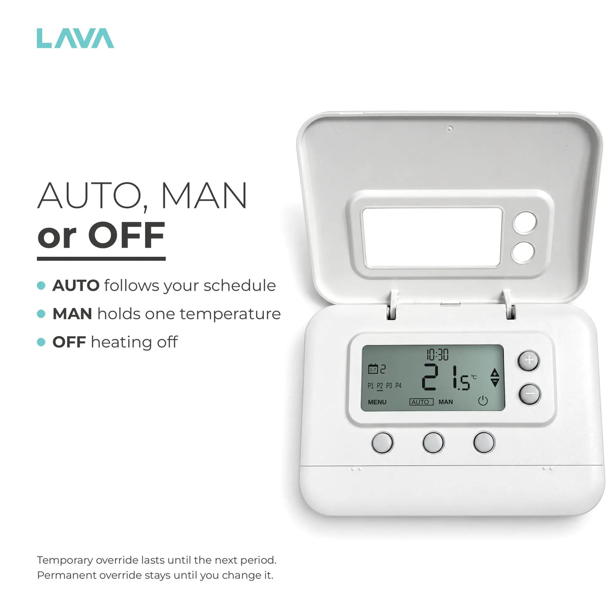 AUTO, MAN and OFF modes with temperature override