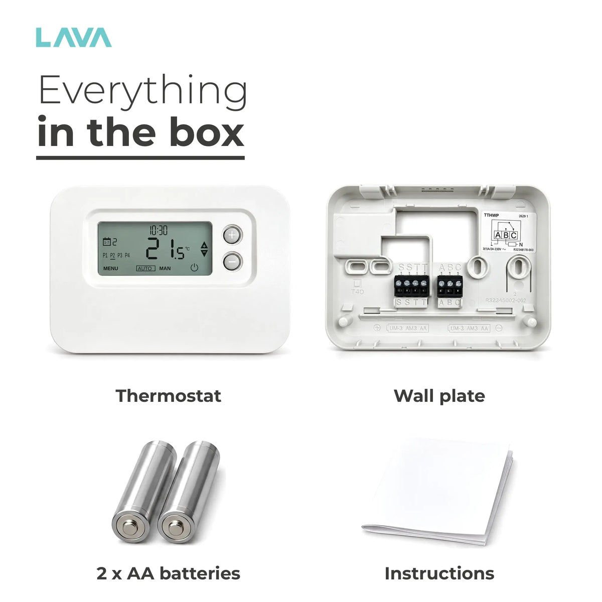 In the box: thermostat with backplate, 2 x AA batteries and guide