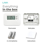 In the box: thermostat with backplate, 2 x AA batteries and guide