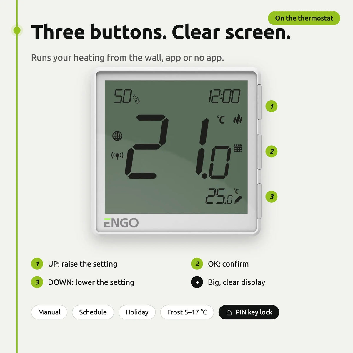 ENGO EONE-230 white thermostat – buttons and display