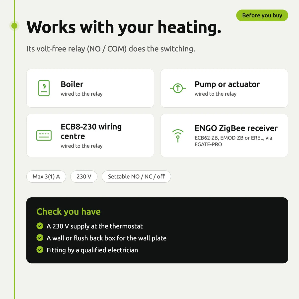 ENGO E25-230 white thermostat – what it works with