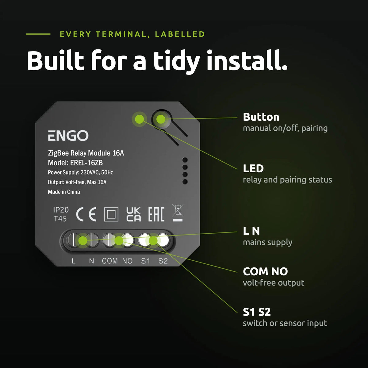 ENGO EREL-16ZB ZigBee relay – terminals, button and LED