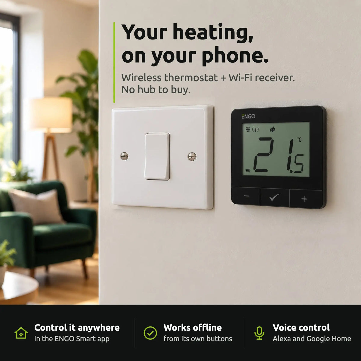 ENGO E20i-B smart thermostat on the wall beside a light switch, controlled from your phone