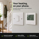 ENGO E20i-W smart thermostat on the wall beside a light switch, controlled from your phone