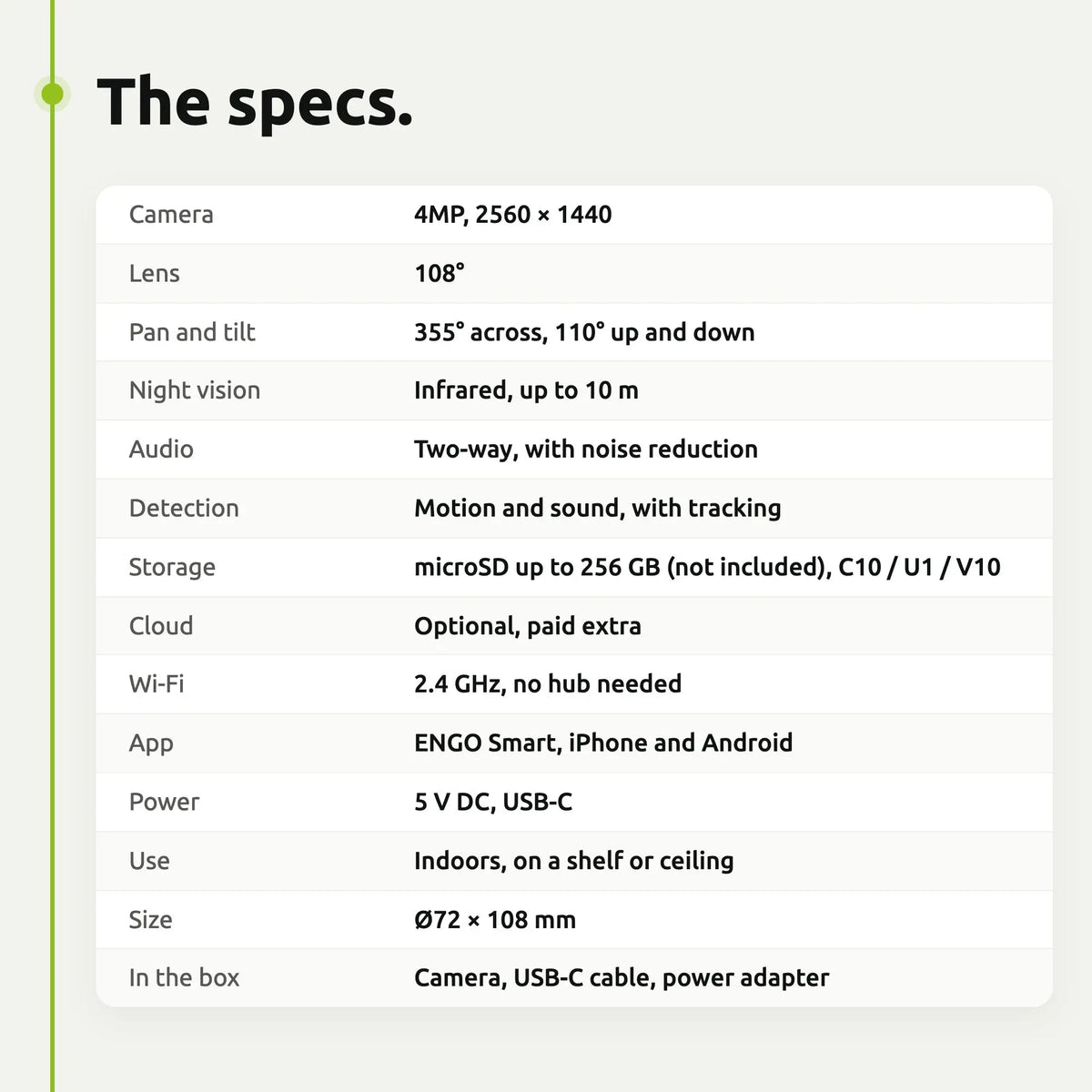 ENGO ECAM indoor camera – specifications