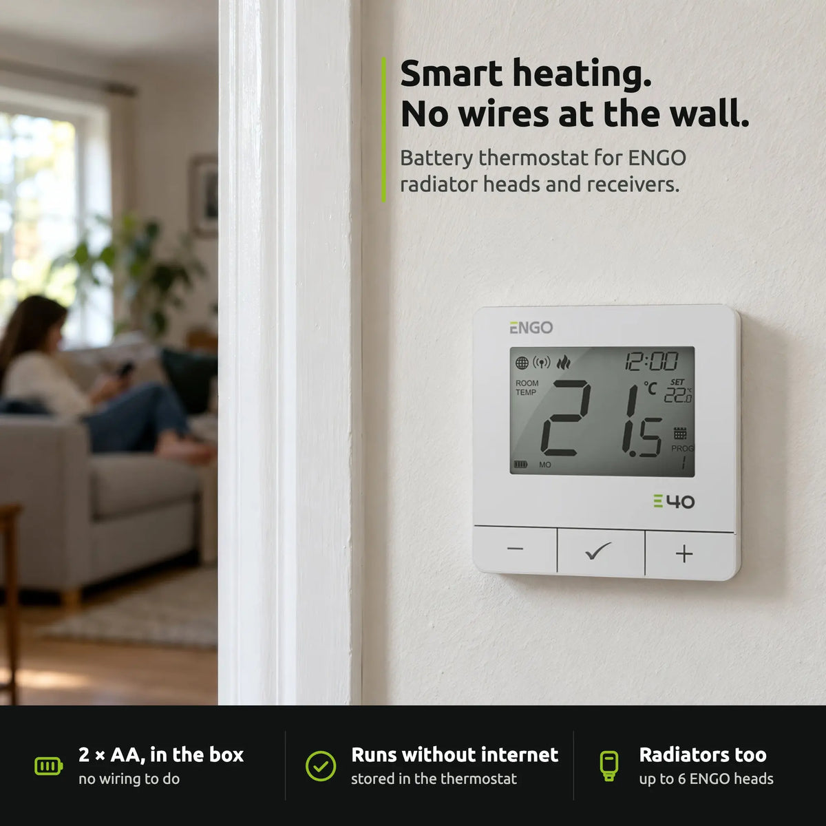 ENGO E40 thermostat in white on a wall in a UK home