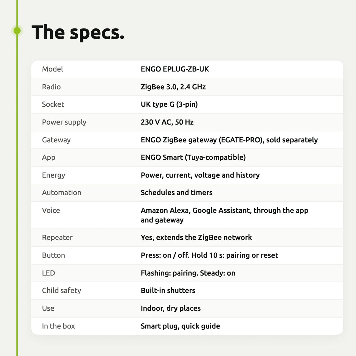 ENGO EPLUG-ZB-UK: Specifications