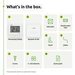 What is in the ENGO E7-RF box: thermostat, receiver, wall plate, stand, tape, cables, screws, 2 AA batteries, quick guide